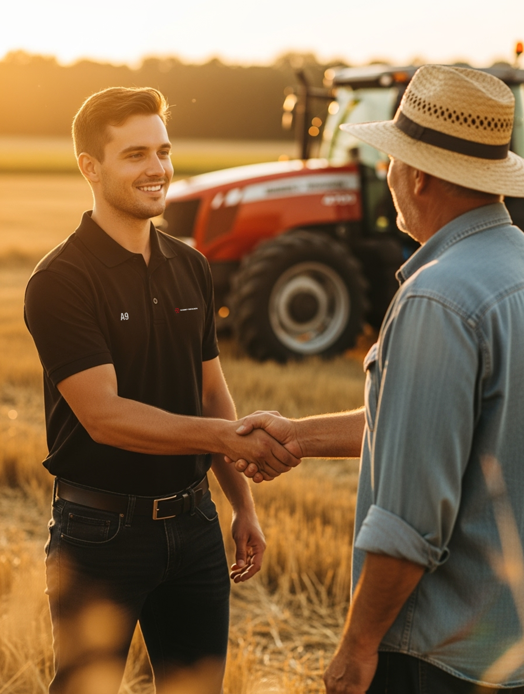 Especialista A9 cumprimentando produtor rural ao lado de trator Massey Ferguson